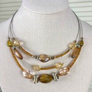 Modernist Gunmetal Multi Strand Brown Amber Gold Bead Choker‎ Necklace Collar